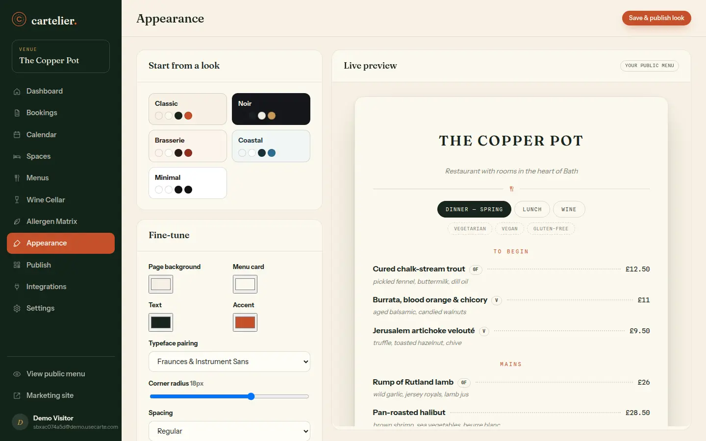 Carte's appearance editor with theme presets, fonts and colours next to a live menu preview