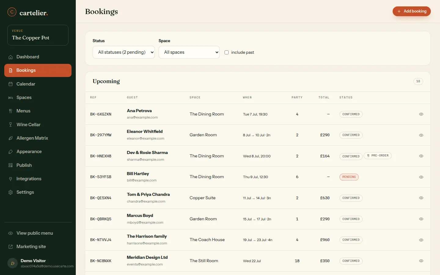 Carte's bookings list with pending and confirmed reservations, guests, dates and totals