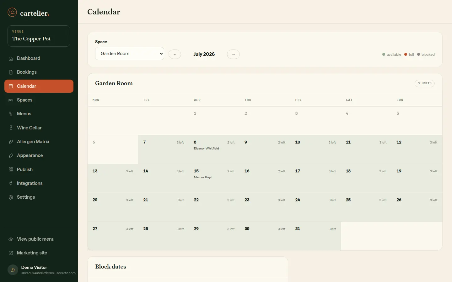 Carte's availability calendar showing a month of bookings across spaces