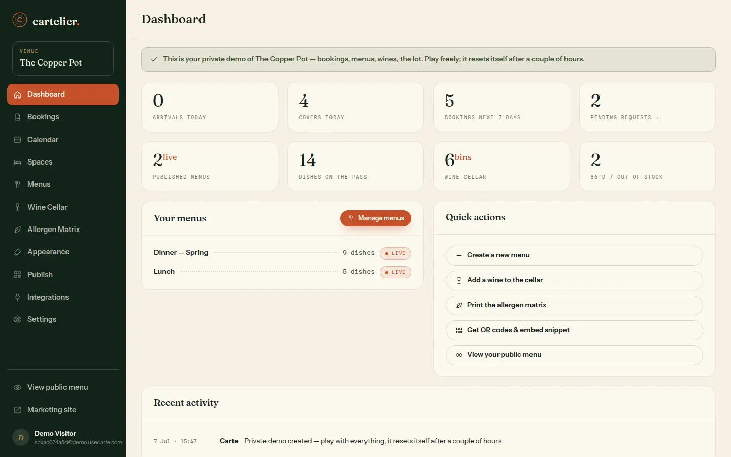 The Carte dashboard showing today's arrivals, covers, pending requests, live menus and quick actions