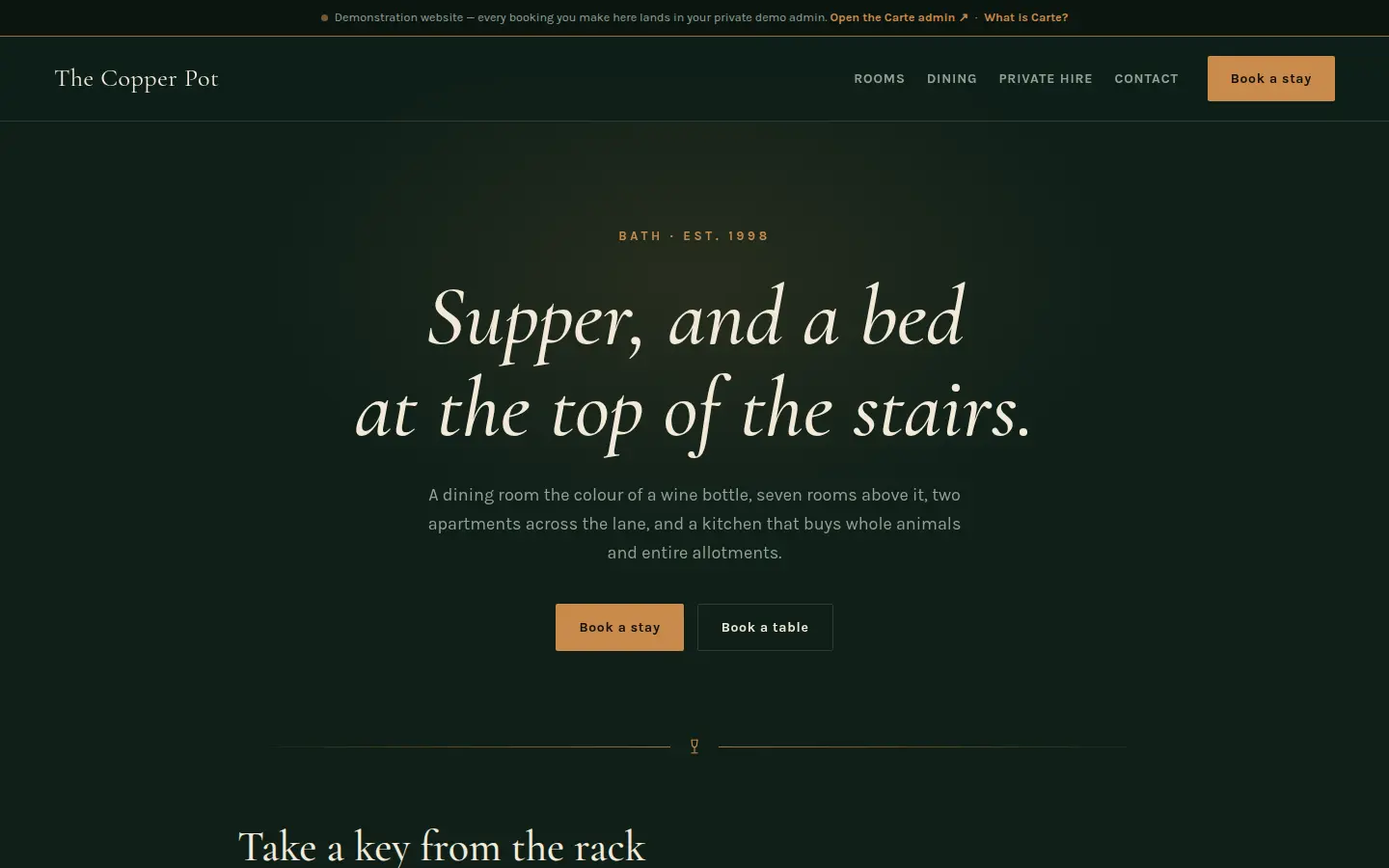 The Copper Pot demo hotel website, a fictional inn wired to a live Carte sandbox