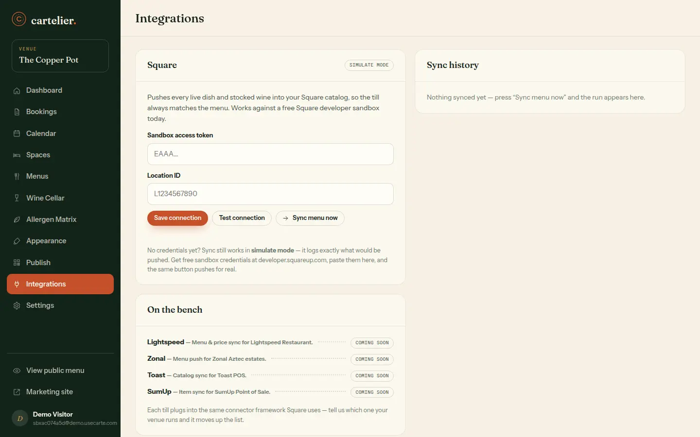 Carte's integrations page with the Square EPOS connector and sync controls