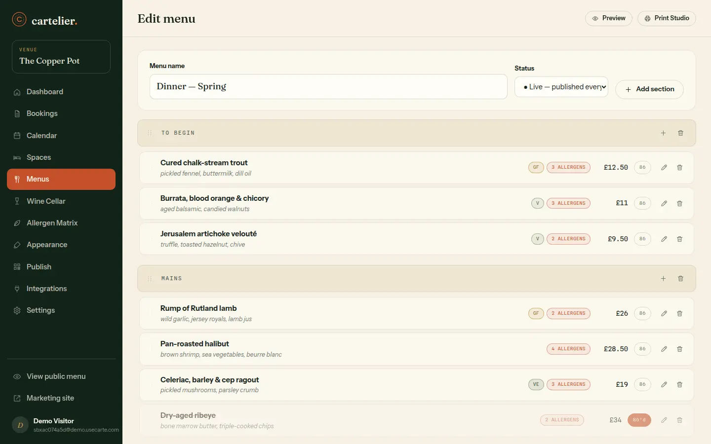 The Carte menu editor with draggable dishes, allergen chips, prices and an 86'd dish greyed out