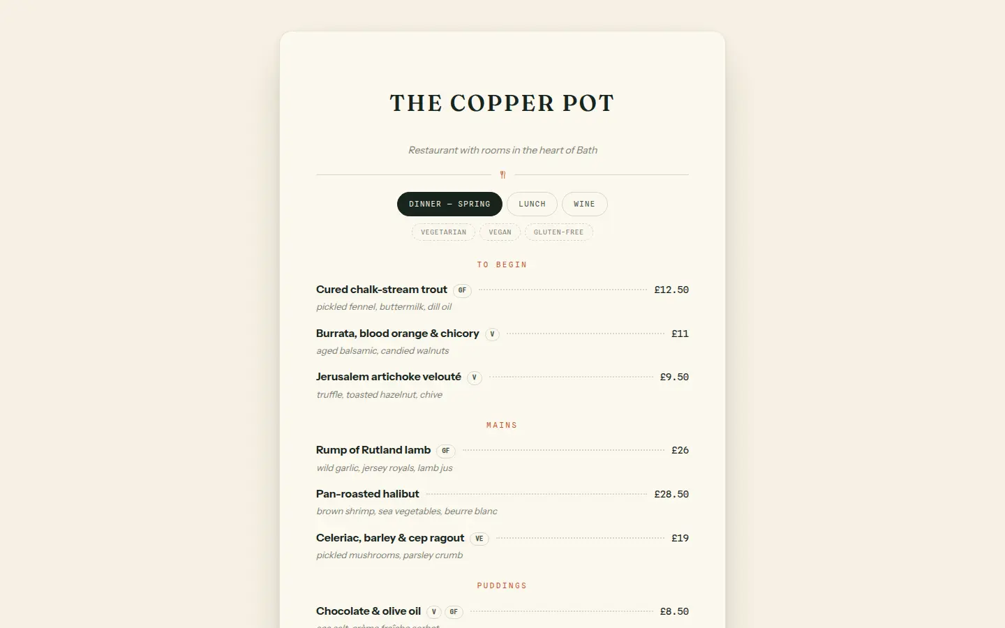 The hosted public menu page guests see, typeset with dietary tags