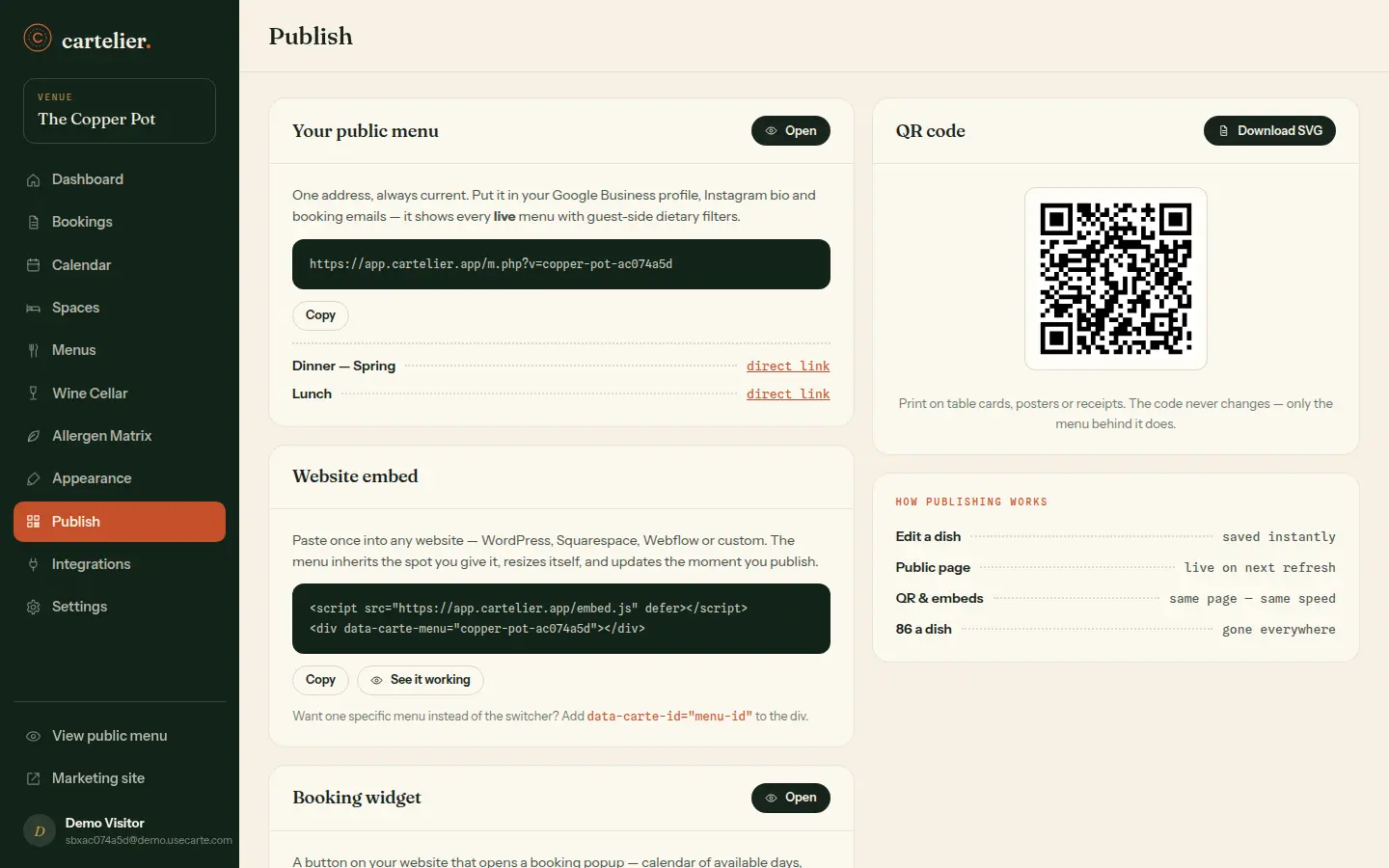 Carte's publish page with hosted menu link, QR codes, embed snippet and print options