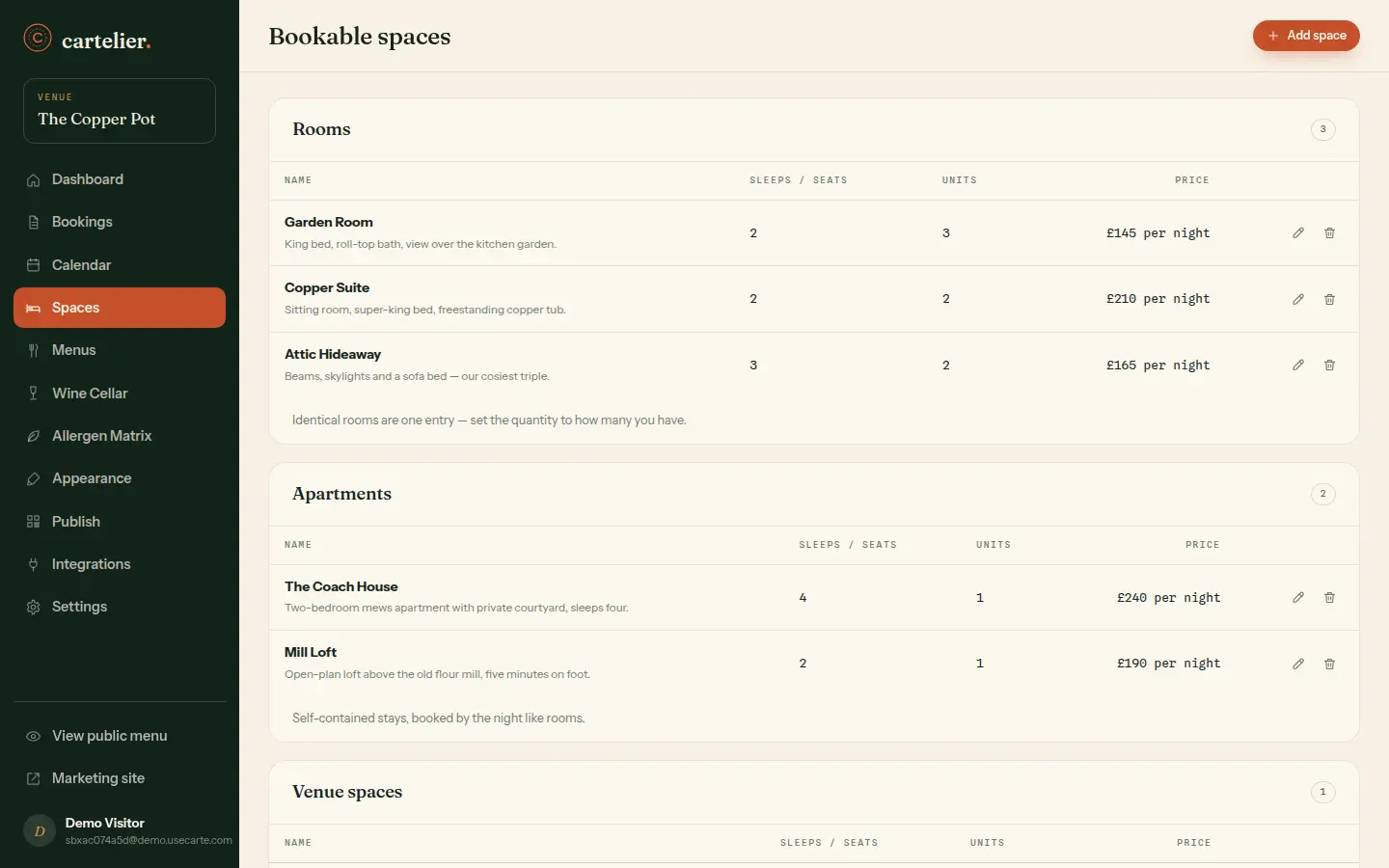 Carte's bookable spaces page listing rooms, apartments, venue hire and tables with prices