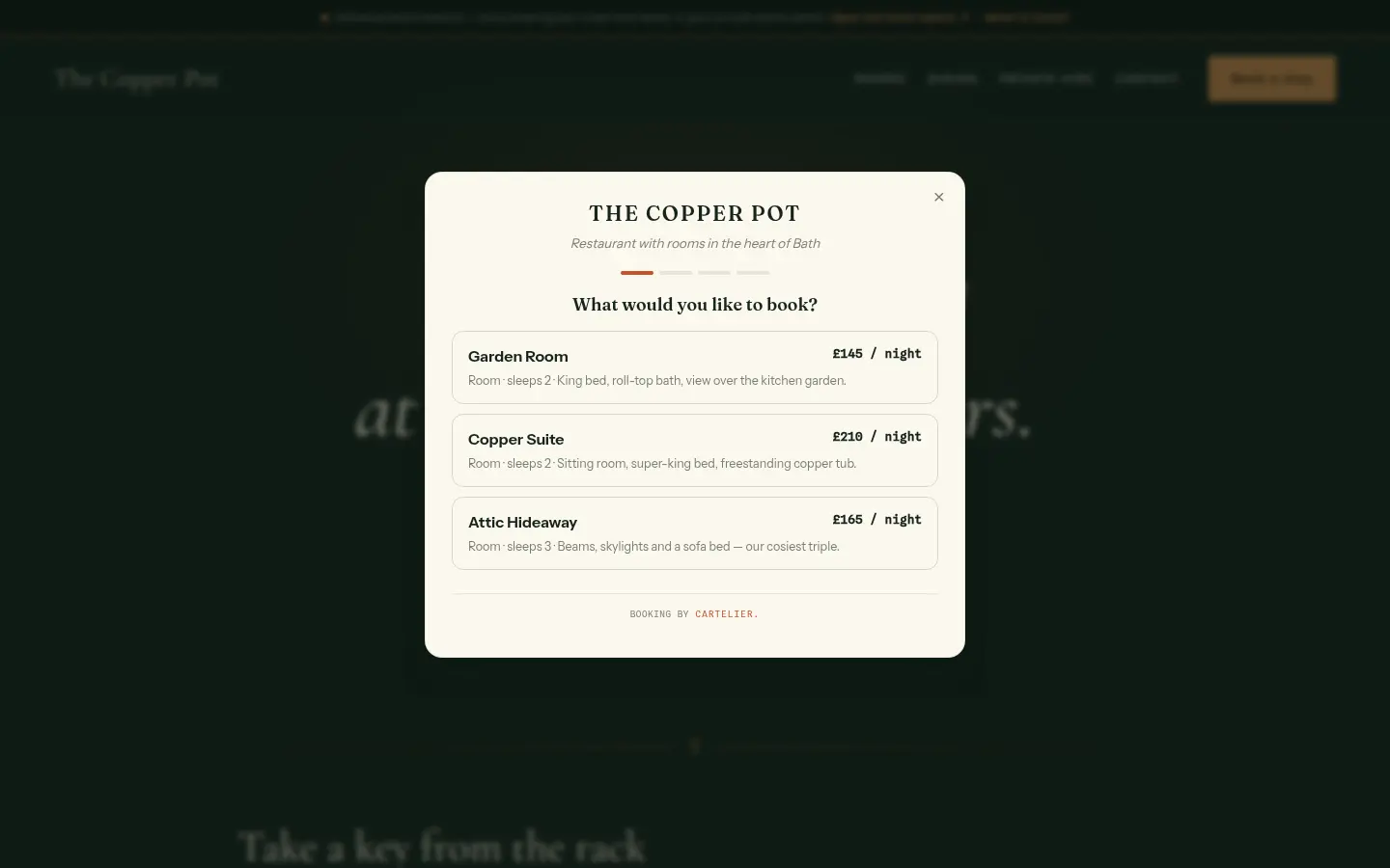 The Carte booking widget open over the demo inn's website, offering rooms with live prices