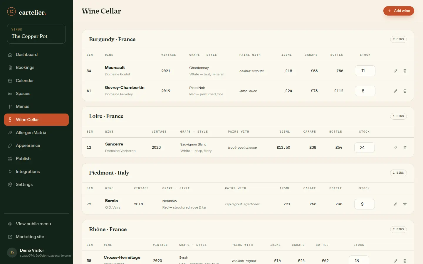 The Carte wine cellar listing bins with vintages, regions, prices and stock levels