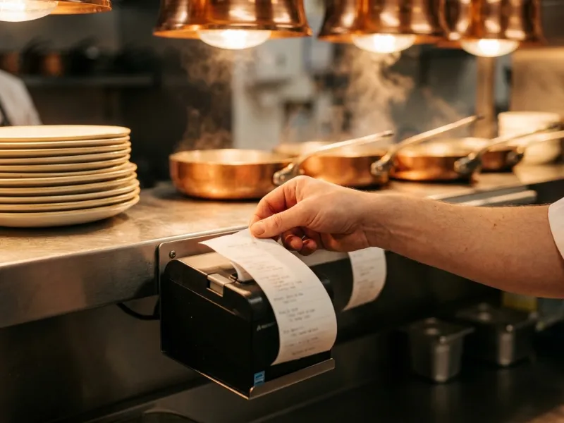 A hand tears a fresh order ticket from a printer at the kitchen pass