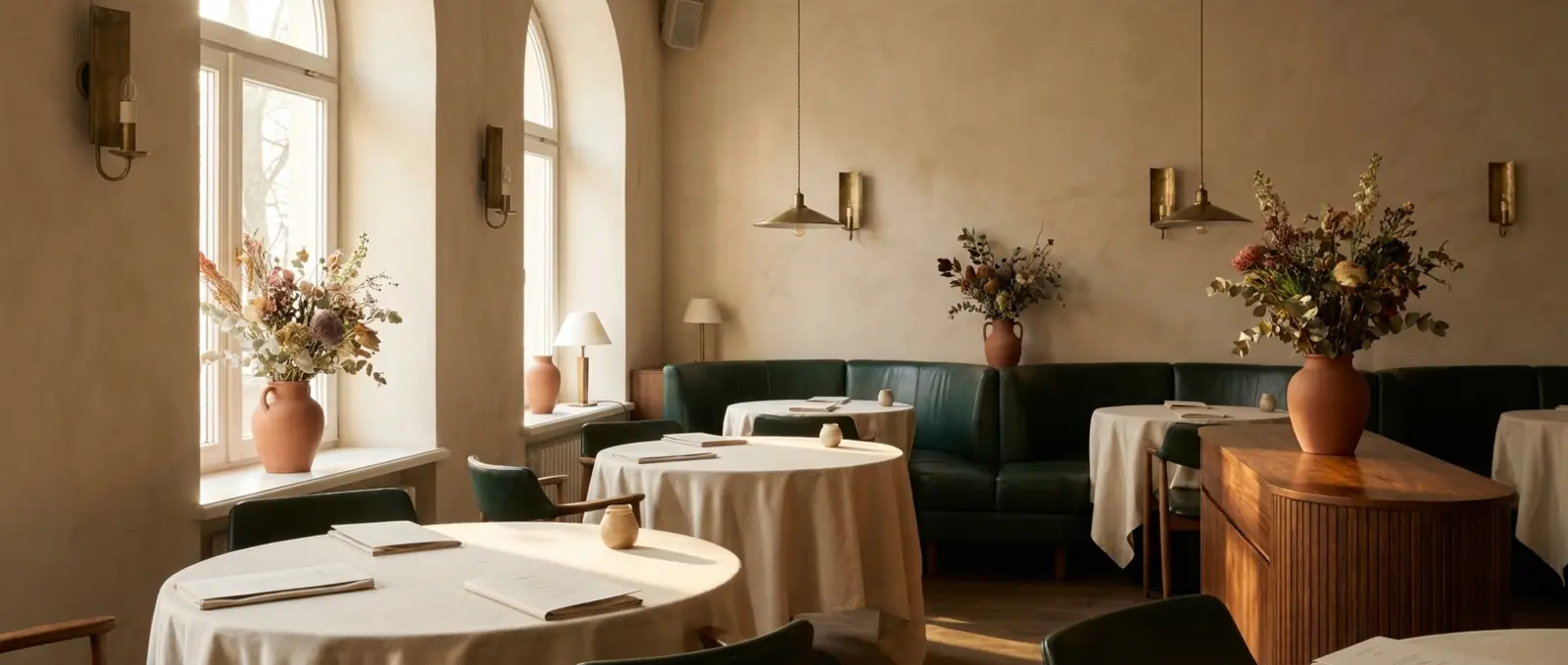 Sunlit restaurant dining room before service, with linen-dressed tables, printed menus and deep green banquettes