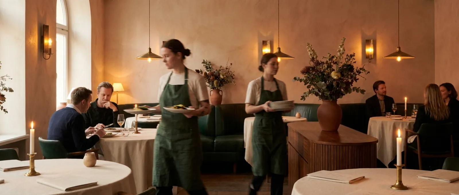 Two servers carry plates across a candlelit dining room in mid service