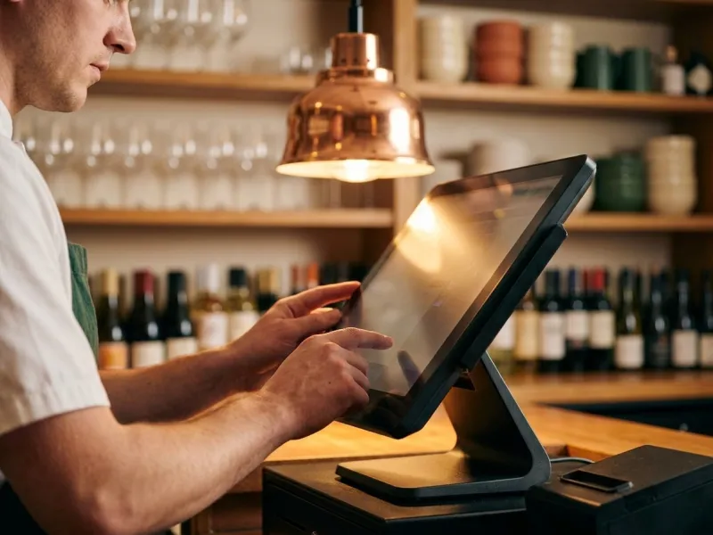 A server taps a touchscreen till behind the bar of a warm restaurant