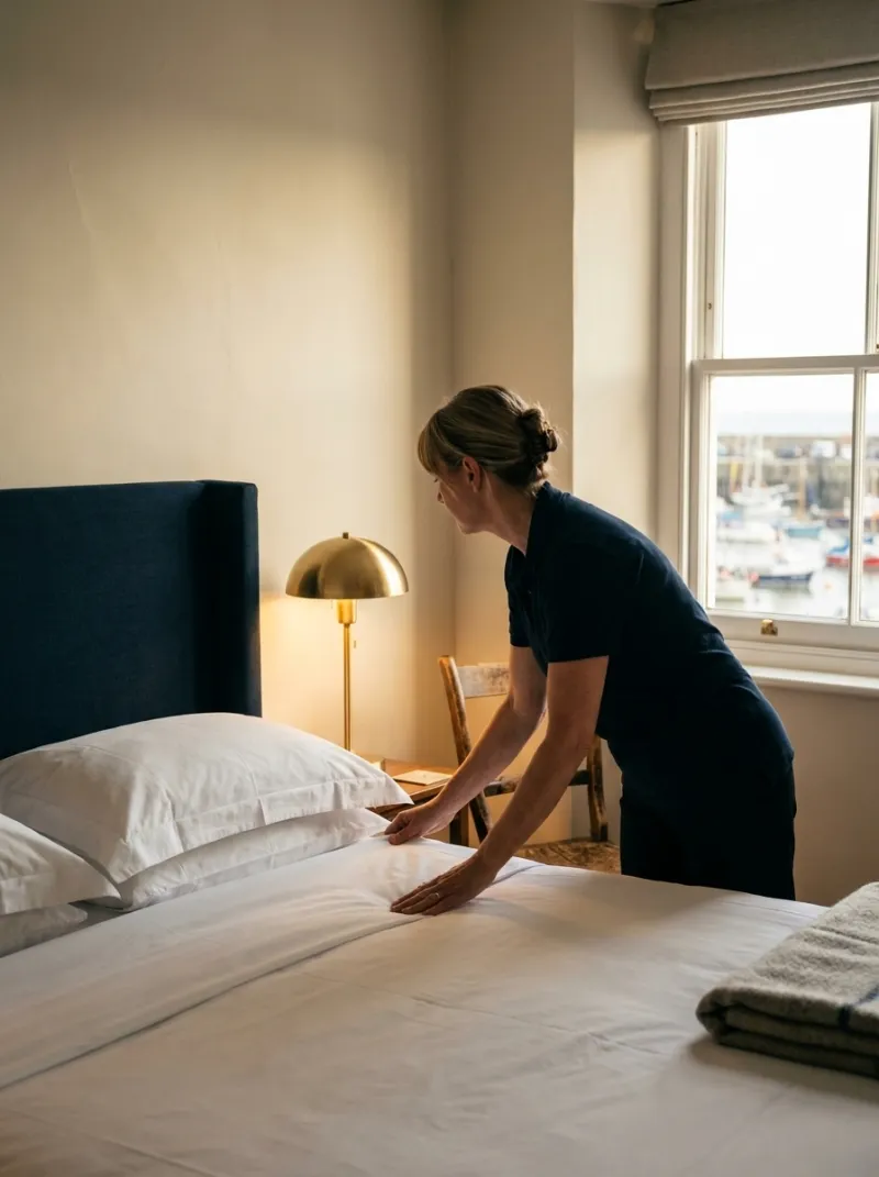 A housekeeper smooths white linen on a hotel bed in warm harbour light