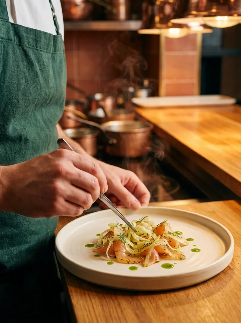 Chef in a green apron plating cured trout with shaved fennel at a warm copper-lined kitchen pass
