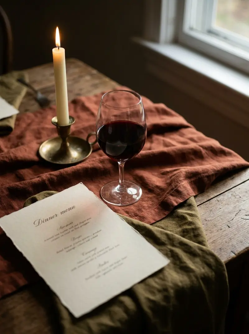Freshly printed dinner menu on cream paper beside a glass of red wine and a lit candle on linen