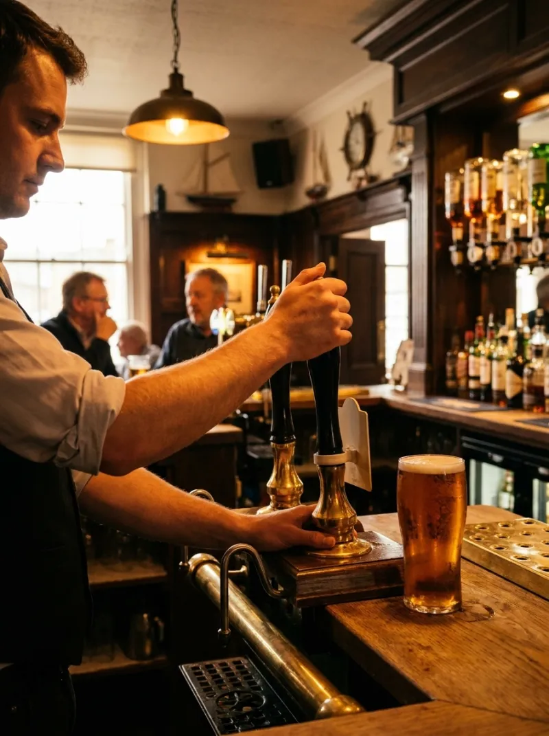 A bartender pulls a pint of amber ale at a worn oak pub bar
