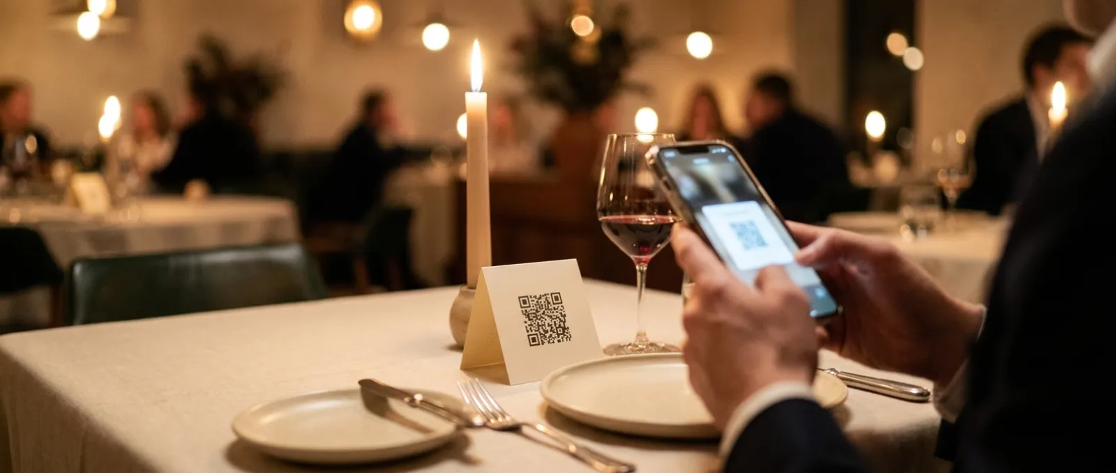 A guest scans a printed QR menu card at a set table with a phone