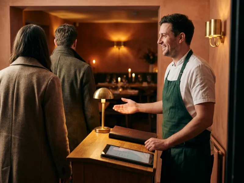 A host welcomes two arriving guests at a wooden greeting lectern