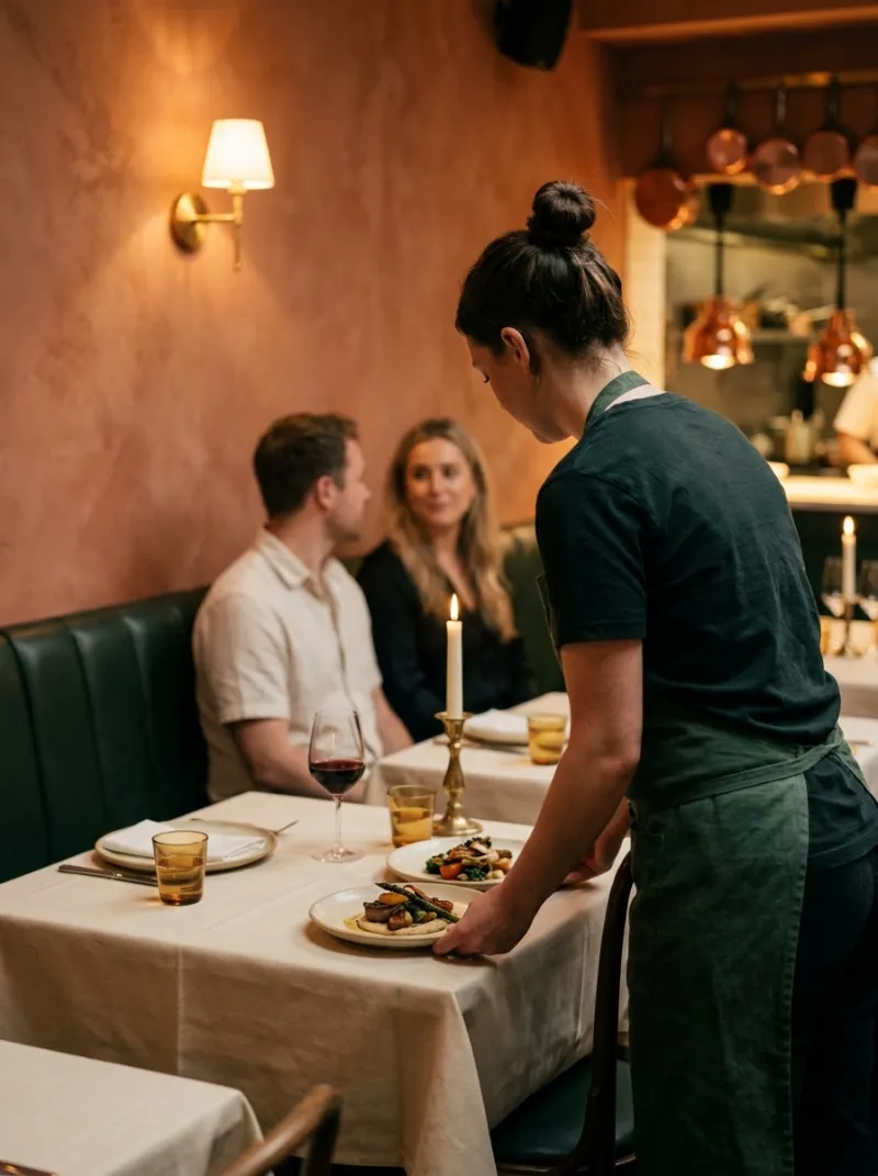 A server sets plates before two guests at a candlelit restaurant table