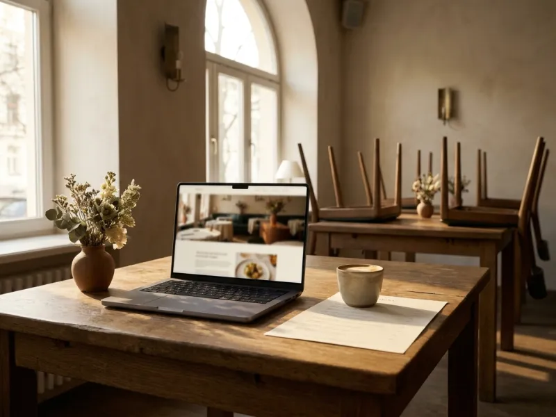 A laptop on a restaurant table showing a venue website during morning prep