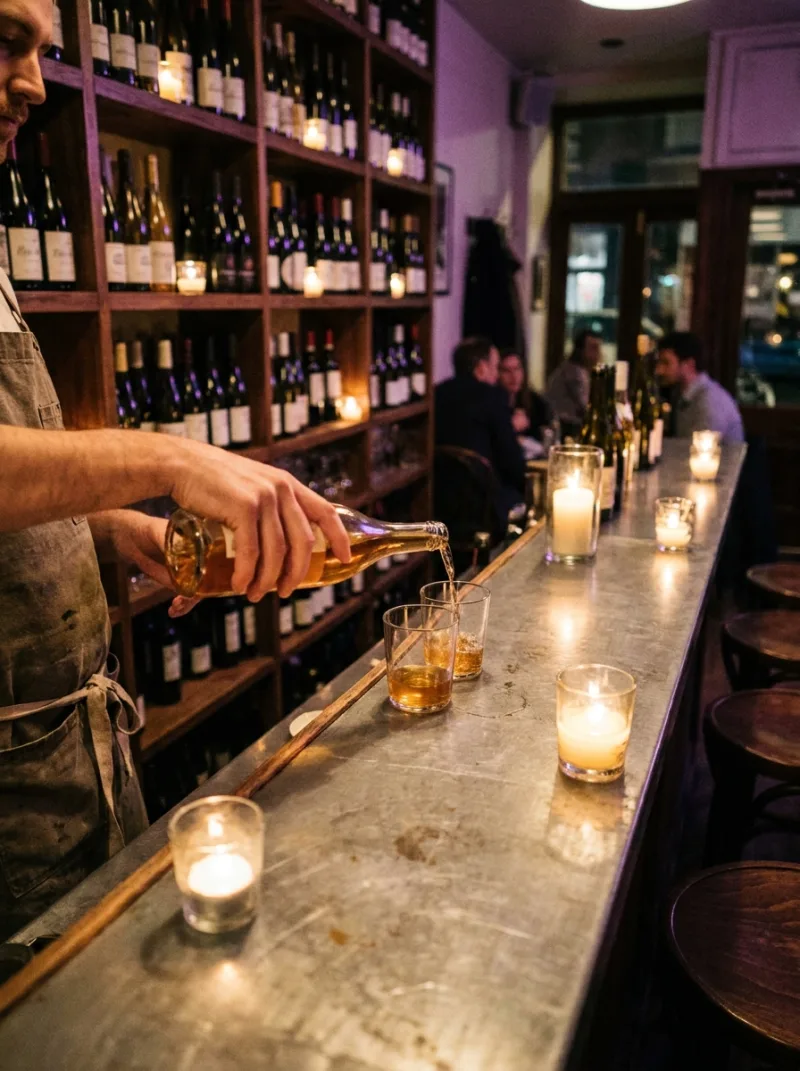 Candlelit wine bar counter with bottles racked to the ceiling and two glasses mid-pour