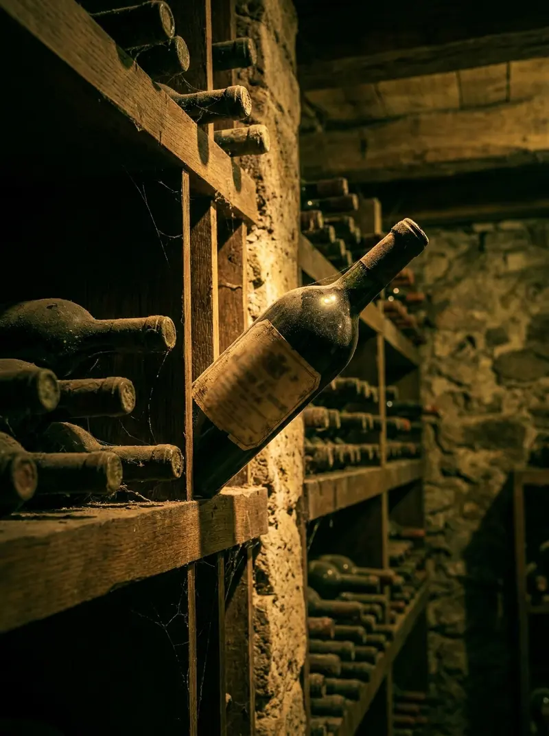 Dusty wine bottles resting in a dim stone cellar, one bottle drawn halfway from an oak rack